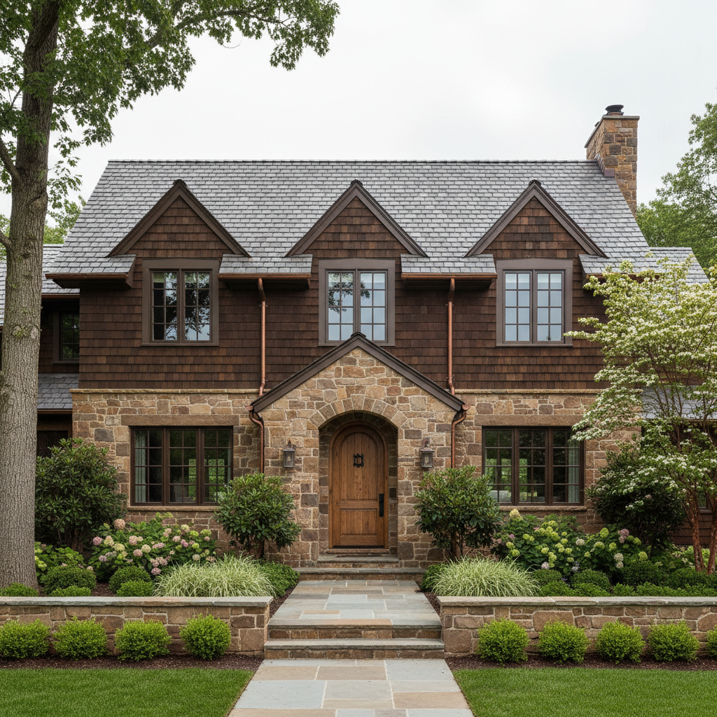 A meticulously crafted rustic craftsman-style home exterior, featuring natural stone accents, warm stained wood siding, and a prominent slate roof. The home is situated within a manicured front yard bordered by native shrubs and low, clean stone walls, with a structured walkway leading to the entry. Gentle overcast natural light highlights the textures of the wood and stone, creating subtle contrasts without harsh shadows. The mood is welcoming yet refined, evoking trust and stability. Captured from a slightly elevated, centered angle, the composition follows clean lines and balanced geometry, with sharp focus throughout. The photographic style is realistic and professional, supporting the site’s focus on high-quality custom home builds with an inviting, corporate aesthetic.
