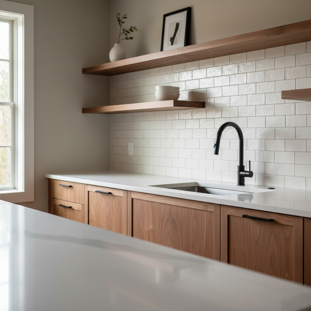 A close-up of a thoughtfully styled craftsman kitchen, highlighting custom cabinetry made from natural walnut, polished quartz countertops, and matte black fixtures. The background features a seamless blend of hand-laid subway tile backsplash and floating wooden shelves displaying minimal, tasteful decor. Natural light floods in from a nearby window, creating gentle highlights on the countertop’s smooth surface and soft shadows under the cabinets, enhancing the warm, professional mood. Captured from a slightly angled perspective, the composition emphasizes clean lines and functional design with a shallow depth of field that draws focus to the striking cabinetry details. The overall style is photographic, with neutral tones and a clean, corporate feel.