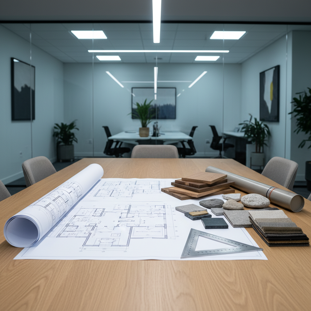 A precise image of blueprints and architectural plans spread across a smooth hardwood table, with a metal scale ruler, sample materials of wood, stone, and fabric neatly arranged nearby. In the background, a clean corporate office space with glass partitions and minimal décor is softly blurred, providing context without distraction. Overhead, cool LED lighting creates balanced illumination, highlighting the crisp lines of the plans while casting subtle, precise shadows from the tools and materials. The atmosphere is professional, methodical, and organized, reinforcing a sense of reliability and expertise. Captured from a top-down perspective with balanced composition and sharp focus, the image delivers a clean, photographic aesthetic fitting for a premier custom home builder’s website.
