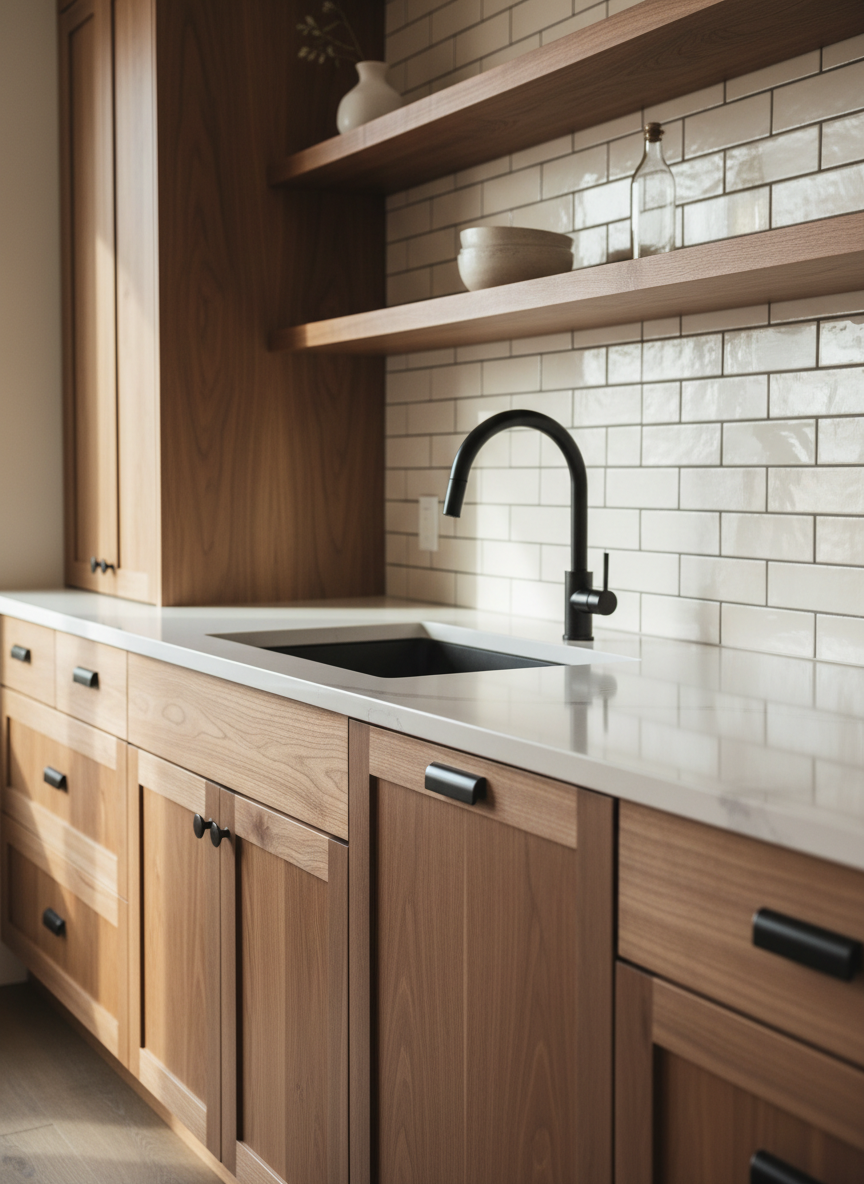 A close-up of a thoughtfully styled craftsman kitchen, highlighting custom cabinetry made from natural walnut, polished quartz countertops, and matte black fixtures. The background features a seamless blend of hand-laid subway tile backsplash and floating wooden shelves displaying minimal, tasteful decor. Natural light floods in from a nearby window, creating gentle highlights on the countertop’s smooth surface and soft shadows under the cabinets, enhancing the warm, professional mood. Captured from a slightly angled perspective, the composition emphasizes clean lines and functional design with a shallow depth of field that draws focus to the striking cabinetry details. The overall style is photographic, with neutral tones and a clean, corporate feel.