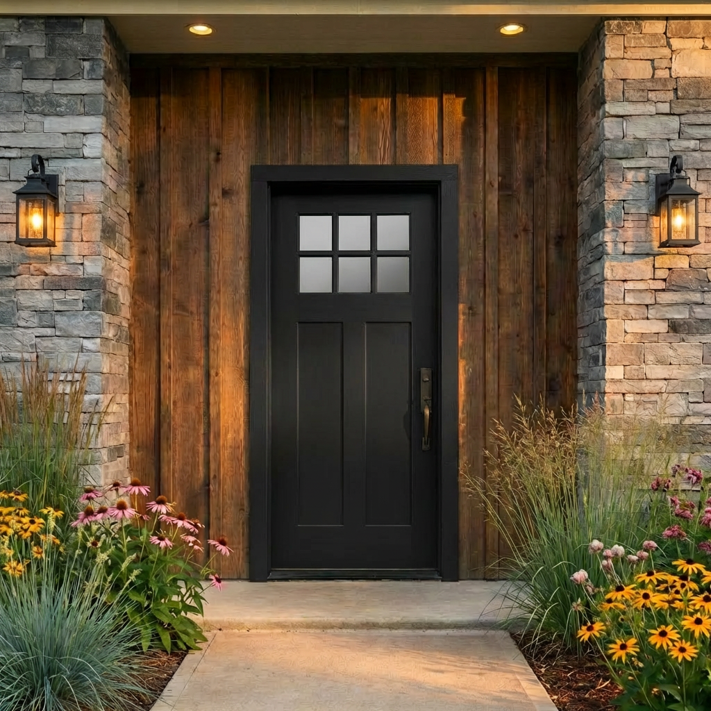 A finely detailed image of a custom-built artisan front door crafted from rich mahogany, with intricate wrought-iron hardware and glass insets showcasing craftsmanship. The door is set within a clean stone entryway flanked by stacked stone columns, accented by crisp landscaping with low plantings. Soft, diffused daylight bathes the scene, creating natural highlights on the wood grain and subtle shadows beneath the overhang. The composition is symmetrical with the door perfectly centered, shot at eye level for a clear, direct perspective. The atmosphere is sophisticated and secure, aligning with a clean, structured, photographic realism that exemplifies high-end custom home building. This image strongly reflects the company’s dedication to detail and distinctive entryways.